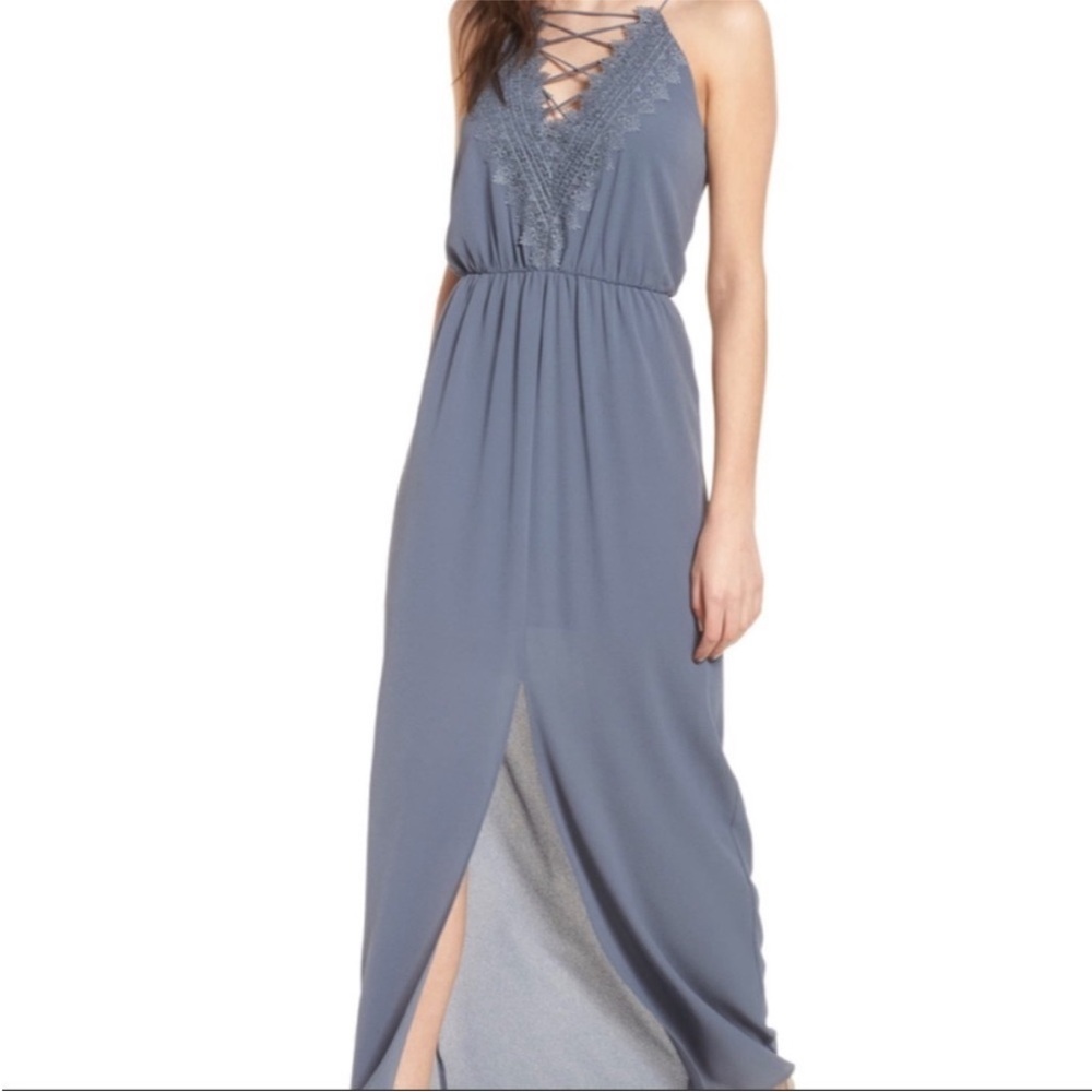 NWT‎ WAYF Posie Maxi Dress Grey Grisaille Sleeveless Lace Front V-Neck Gown 8